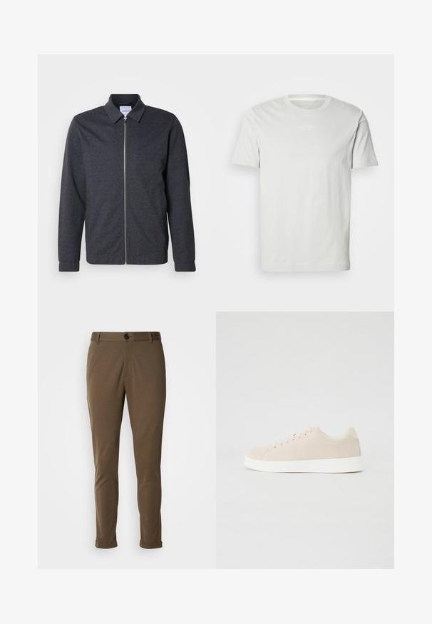 Mørkegrå lynlåstrøje med krave, lange ærmer og en glat stoftekstur. Har sidelommer og et minimalistisk design.; Hvid bomulds t-shirt med korte ærmer, rund halsudskæring og et lille logo på brystet. Blød tekstur og en klassisk pasform. Ingen mønstre.; Brune skræddersyede bukser med en glat tekstur, der har en knaplukning og rullede manchetter. Designet med en slim fit og funktionelle lommer.; Beige ruskindsneakers med hvide gummisåler, rund tå og seks snøringshuller. Glat tekstur med minimalisk design.