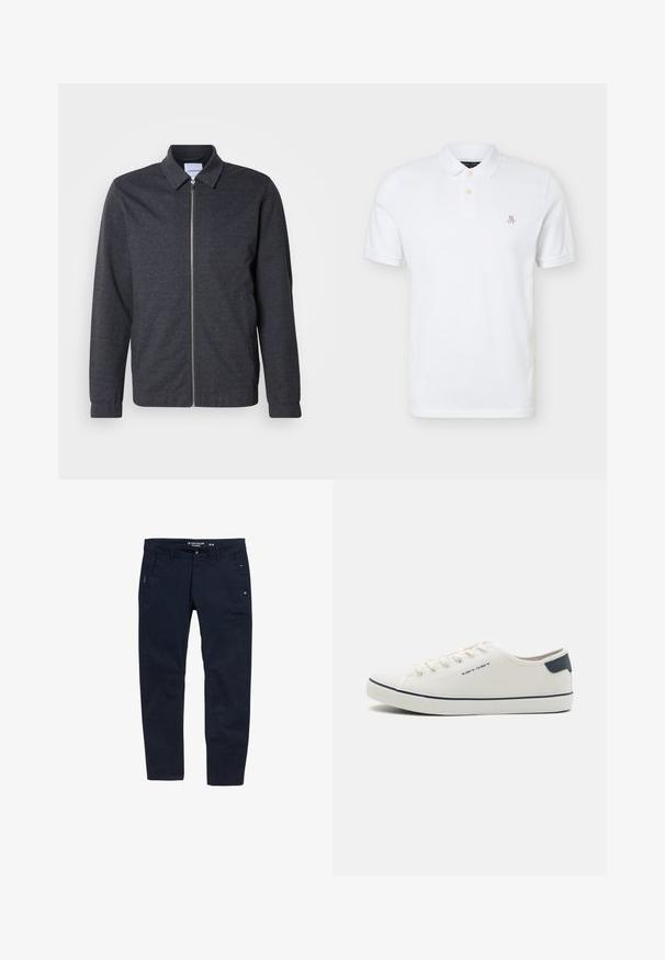 Mørkegrå lynlåstrøje med krave, lange ærmer og en glat stoftekstur. Har sidelommer og et minimalistisk design.; Hvid kortærmet polo-shirt med to knapper og lille "MOP" logo på venstre bryst mod en ensfarvet baggrund.; Mørkeblå bukser lavet af bomuld med lige snit. Har to sidelommer og knaplukning. Minimalistisk design med subtile detaljer.; Canvas sneakers i off-white med navy accenter, med rund tå, snørrestruktur og struktureret gummisål. Enkel og ren æstetik.