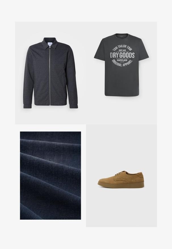 Dunkelgraue Reißverschlussjacke mit Kragen, langen Ärmeln und glatter Stoffstruktur. Verfügt über Seitentaschen und ein minimalistisches Design.; Dunkelgraues T-Shirt mit kurzen Ärmeln und rundem Ausschnitt, vorne zentriert mit weißem Text "Tom Tailor TRM Est. 62 Dry Goods Supplies Original Apparel" bedruckt.; Dunkelblaue Denim-Stoff mit geripptem Muster, das Falten und Wellen zeigt und somit sein Gewicht und seine Strapazierfähigkeit betont.; Brauner Wildleder-Schnürschuh für den Alltag mit flacher Gummisohle, von der Seite auf hellem, einfachem Hintergrund gesehen.