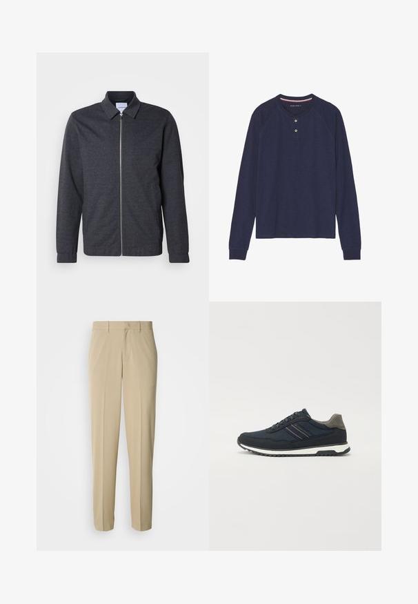 Tummanharmaa vetoketjullinen takki, jossa on kaulus, pitkät hihat ja sileä kangaspinta. Siinä on sivutaskut ja minimalistinen design.; Pitkähihainen, tummansininen henley-paita pyöreällä pääntiellä, kahden napin aukolla ja resorilla varustetuilla hihoilla. Pehmeä tekstuuri, rento muotoilu.; Beiget housut suoralahkeisella mallilla, valmistettu sileästä kankaasta, litteällä etuosalla ilman näkyviä taskuja tai koristeluita.; Navy mesh ja suedipuhvisneaker, jossa on harmaa kantapää yksityiskohta; sisältää valkoisen keskiosan ja tekstuurisen mustan ulkopohjan; minimalistinen suora koristelu.