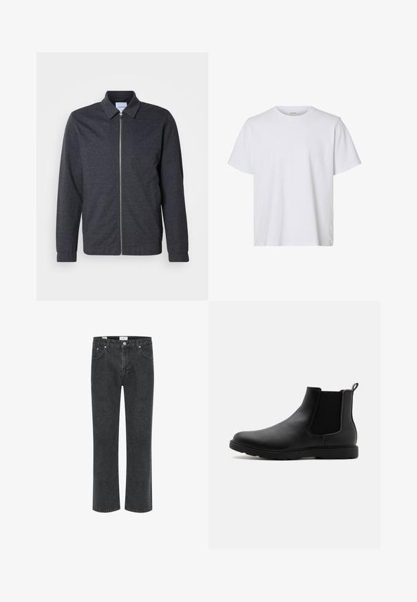 Dunkelgraue Reißverschlussjacke mit Kragen, langen Ärmeln und glatter Stoffstruktur. Verfügt über Seitentaschen und ein minimalistisches Design.; Schlichtes weißes T-Shirt mit kurzen Ärmeln, Rundhalsausschnitt, regulärer Passform und glatter Stoffstruktur, auf weißem Hintergrund dargestellt.; Schwarze Jeans aus Denim mit geradem Bein, fünf Taschen und kontrastierenden Nähten. Der Stoff hat eine leicht ausgewaschene Textur.; Schwarze Leder-Chelsea-Stiefel mit elastischen Seitenpaneelen, einem Zugband und einer robusten Gummisohle. Glatte Textur und elegantes Design.