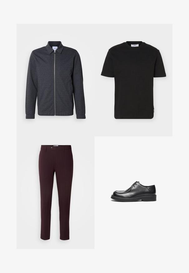 Chaqueta gris oscuro con cremallera, cuello, mangas largas y textura de tela suave. Cuenta con bolsillos laterales y un diseño minimalista.; Camiseta negra lisa de manga corta y cuello redondo con una pequeña etiqueta de la marca en el dobladillo lateral inferior.; Pantalones burdeos oscuros de corte slim, con cierre de botón, trabillas para cinturón y pliegues frontales. Tela suave con un diseño elegante.; Zapatos de cuero negro con punta redonda, acentos de costura recta y suela de goma de perfil bajo. Diseño clásico y limpio, cierre con cordones.