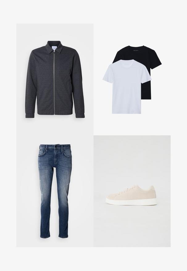 Dunkelgraue Reißverschlussjacke mit Kragen, langen Ärmeln und glatter Stoffstruktur. Verfügt über Seitentaschen und ein minimalistisches Design.; Zwei kurzärmelige Rundhals-T-Shirts, eines schwarz und eines weiß, aus weichem Baumwollmaterial mit einer gerippten Textur. Klassische Passform.; Antony Morato KURT COMFORT - Jeans Tapered Fit - blue denim; Beige Wildlederschuhe mit weißen Gummisohlen, runder Zehenform und sechs Ösen für die Schnürsenkel. Glatte Textur mit minimalistischem Design.