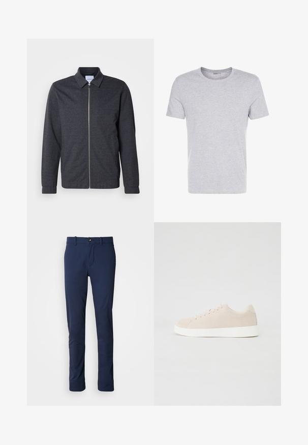Chaqueta gris oscuro con cremallera, cuello, mangas largas y textura de tela suave. Cuenta con bolsillos laterales y un diseño minimalista.; Camiseta de algodón gris con cuello redondo, mangas cortas y un diseño liso, que presenta una textura suave y lisa, sin patrones ni adornos visibles.; Pantalones azul marino de tela suave, con un diseño de pierna recta, cierre de cremallera y un único bolsillo frontal con cierre de botón.; Zapatillas de ante beige con suelas de goma blanca, puntera redondeada y seis ojales para los cordones. Textura suave con un diseño minimalista.