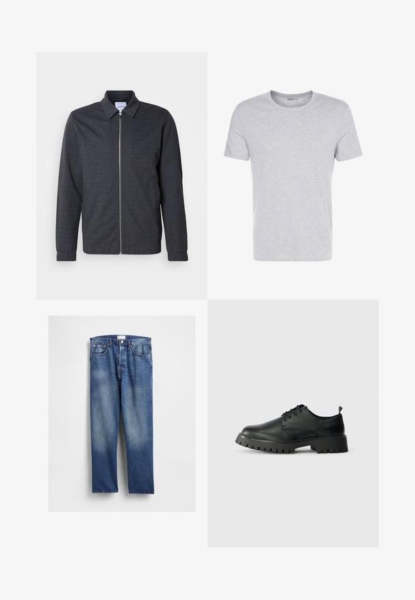 Dunkelgraue Reißverschlussjacke mit Kragen, langen Ärmeln und glatter Stoffstruktur. Verfügt über Seitentaschen und ein minimalistisches Design.; Graues Baumwoll-T-Shirt mit Rundhalsausschnitt, kurzärmlig und schlichtem Design, das eine weiche, glatte Textur aufweist und keine sichtbaren Muster oder Verzierungen hat.; Blaue Denim-Jeans mit geradem Bein, vorne ausgeblichen, klassischem Fünf-Taschen-Design und Metallnieten an den Taschen.; Schwarze Leder Schnürschuhe mit runder Spitze, strukturierten Oberflächen und dicker Gummisohle mit tiefen Profilen für besseren Grip.