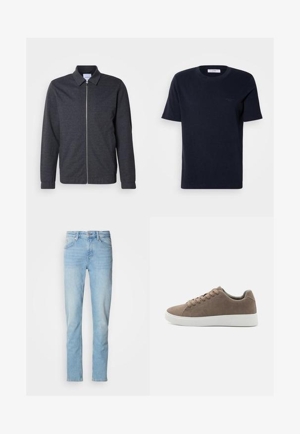 Mørkegrå lynlåstrøje med krave, lange ærmer og en glat stoftekstur. Har sidelommer og et minimalistisk design.; Mørkeblå bomuld t-shirt med korte ærmer, rund halsudskæring og lille logo detalje på brystet. Glat tekstur, klassisk pasform.; Lysblå jeans lavet af denim, med lige ben-design, fem lommer, bæltestropper og lukning med knap.; Brune ruskinds sneakers med flade hvide gummisåler, snørelukning, rund tå og en glat overflade. Minimalistisk stil med diskrete syninger.