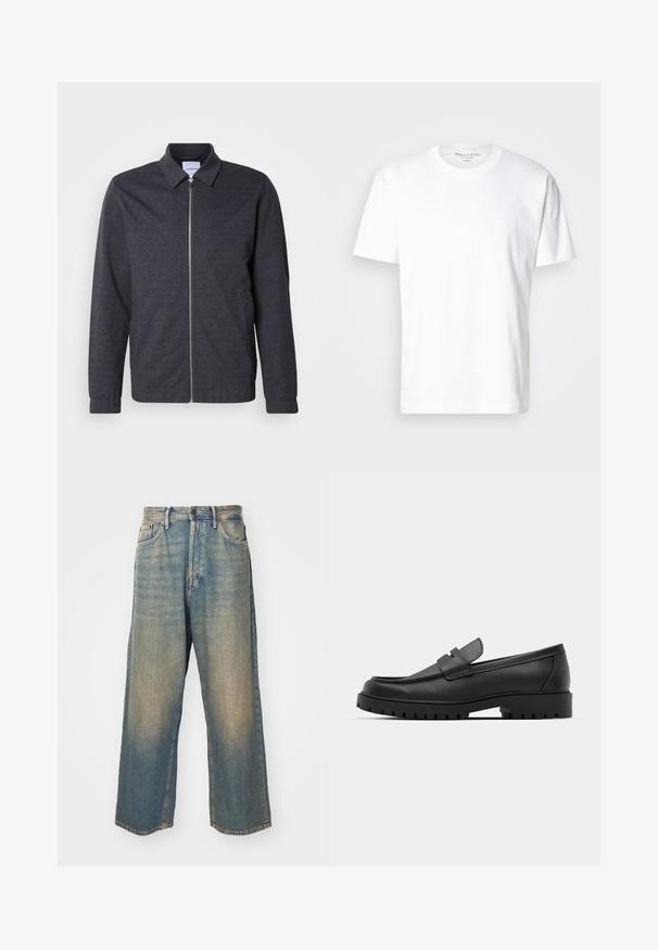 Dunkelgraue Reißverschlussjacke mit Kragen, langen Ärmeln und glatter Stoffstruktur. Verfügt über Seitentaschen und ein minimalistisches Design.; Weißes Baumwoll-T-Shirt mit Rundhalsausschnitt und kurzen Ärmeln. Verfügt über ein dezentes Logo-Detail auf der Vorderseite. Weiche Textur, lässige Passform.; Hochgeschnittene, gerade geschnittene, ausgewaschene blaue Jeans mit Ziertaschen vorne und einem Knopfverschluss vor hellem Hintergrund.; Schwarze Lederloafer mit runder Zehenform, ausgestattet mit einem gesteppten Design, niedrigem Plattformsohle und einer strukturierten, genoppten Gummisohle.