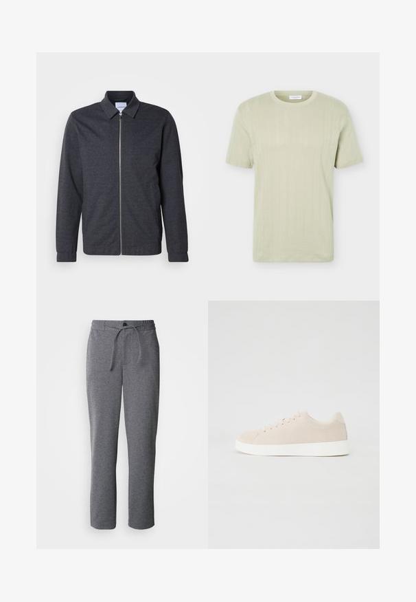 Veste zippée gris foncé avec col, manches longues et texture de tissu lisse. Dispose de poches latérales et d'un design minimaliste.; T-shirt en maille à manches courtes vert clair avec un col rond et des motifs texturés verticaux subtils.; Pantalons de survêtement gris en tissu doux, dotés d'une taille élastique avec cordon de serrage, de jambes droites et d'un design simple et épuré.; Baskets en daim beige avec semelles en caoutchouc blanc, bout rond et six œillets pour les lacets. Texture lisse avec un design minimaliste.