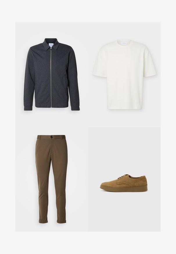 Donkergrijze jas met ritssluiting, een kraag, lange mouwen en een gladde stoftextuur. Voorzien van zijzakken en een minimalistisch ontwerp.; Witte textuur korte mouw T-shirt met ronde hals, reguliere pasvorm en een klein merklabel aan de binnenkant van de kraag.; Bruine, op maat gemaakte broeken met een gladde textuur, voorzien van een knoopsluiting en opgerolde mouwen. Ontworpen met een slim fit en functionele zakken.; Bruine suède veterschoen voor vrijetijdskleding met een platte rubberen zool, zijaanzicht tegen een eenvoudige lichte achtergrond.