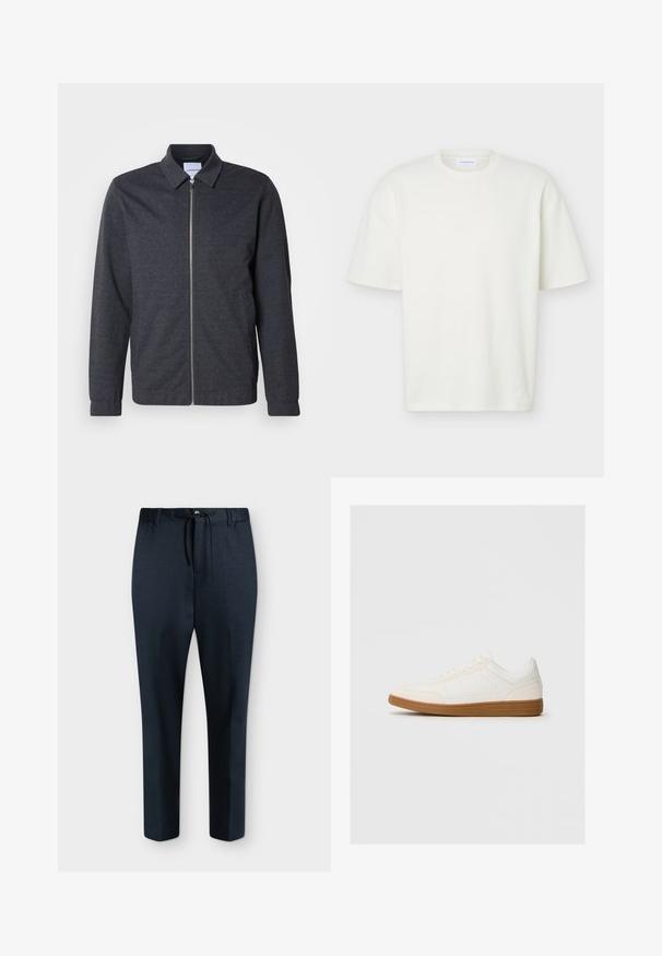 Veste zippée gris foncé avec col, manches longues et texture de tissu lisse. Dispose de poches latérales et d'un design minimaliste.; T-shirt blanc texturé à manches courtes, col rond, coupe régulière et petite étiquette de marque à l'intérieur du col.; Pantalon slim bleu foncé avec taille à cordon, passants de ceinture et fermeture par bouton sur fond uni.; Baskets blanches avec un capuchon en daim, un dessus en synthétique lisse et une semelle en caoutchouc marron. Présente des perforations sur les côtés pour une meilleure respirabilité.