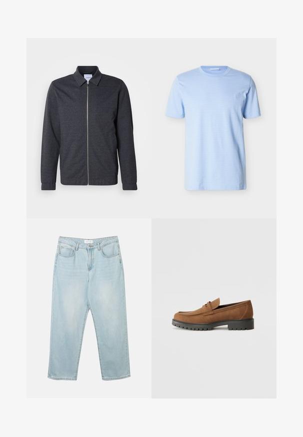 Veste zippée gris foncé avec col, manches longues et texture de tissu lisse. Dispose de poches latérales et d'un design minimaliste.; T-shirt bleu clair à manches courtes et col rond avec une texture subtile de rayures horizontales, présenté sur un fond blanc uni.; Jean en denim bleu clair avec une coupe décontractée, cinq poches, une fermeture à bouton et un léger délavage. La texture est douce et légèrement usée.; Mocassins en daim marron avec un bout arrondi et une semelle noire en caoutchouc basse, présentant une sangle décorative et des détails de couture sur le dessus.