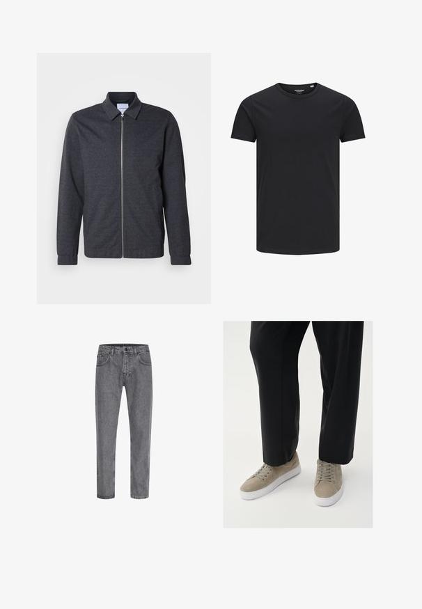 Dunkelgraue Reißverschlussjacke mit Kragen, langen Ärmeln und glatter Stoffstruktur. Verfügt über Seitentaschen und ein minimalistisches Design.; Schwarzes Baumwoll-T-Shirt mit Rundhalsausschnitt, kurzen Ärmeln und schlichtem Design. Glatte Textur, keine Muster oder sichtbare Beschläge.; Graue Denim-Jeans mit geradem Schnitt, Fünf-Taschen-Design, klassischem Knopf- und Reißverschluss, sowie subtiler Ausbleichung der Stoffstruktur.; Hellgraue Wildledersneaker mit einer weißen Gummisohle, runden Schnürsenkeln und minimalistischer Gestaltung, kombiniert mit schwarzen Hosen.