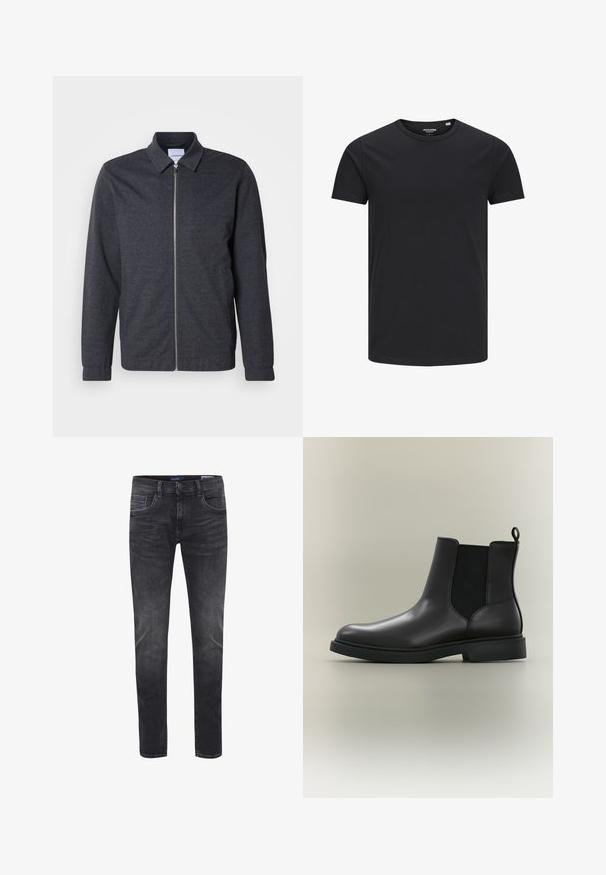 Mørkegrå lynlåstrøje med krave, lange ærmer og en glat stoftekstur. Har sidelommer og et minimalistisk design.; Sort bomulds T-shirt med rund hals, korte ærmer og et enkelt design. Glat tekstur, ingen mønstre eller synligt tilbehør.; Smal pasform herre mørkegrå vaskede jeans med for- og baglommer, knaplukning og bæltestropper.; Sort læder Chelsea-støvle med elastiske sidepaneler, trækflig bagpå og lav holdbar gummisål, vist mod en neutral baggrund.