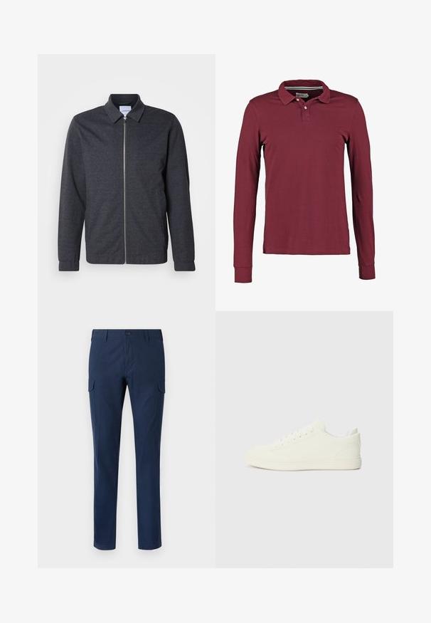 Tummanharmaa vetoketjullinen takki, jossa on kaulus, pitkät hihat ja sileä kangaspinta. Siinä on sivutaskut ja minimalistinen design.; Burgundy pitkähihaiseen polo-paitaan kuuluu klassinen kaulus, kaksipainikeinen nappilista ja sivuhalkiot liikkuvuuden helpottamiseksi. Sujuvaa puuvillakangasta.; Laivaston cargo-housut, jotka on valmistettu puuvillasta, ja niissä on sivutaskut, nappikiinnitys, suorat lahkeet ja sileä pinta.; Valkoiset lenkkarit, joissa on sileä tekstiilipinta, pyöreä kärki ja perinteinen nauhakiristus, minimalistinen muotoilu ja kumipohja.