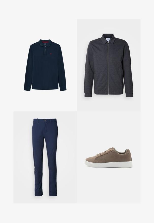 Tumehall lukkudega jope kraega, pikkade varrukatega ja sileda kangapinnaga. Disainis on küljetaskud ja minimalistlik stiil.; Tumed pikkade varrukatega polo särk, mis on valmistatud pehmest puuvillast. Omab kaelust, kolme nupuga rinda ja punast logo, mis on tikitud rinna külge.; Tumed sinised püksid, mis on valmistatud sileda kangaga, sirge sääre disainiga, lukuga esemega ja ühe ees oleva taskuga, millel on nupuvääristus.; Pruunid sametist tossud lame valge kummist tallaga, nöörimise disainiga, ümar nina ja siledat tekstuuri. Minimalistlik stiil koos diskreetsete õmblusdetailidega.