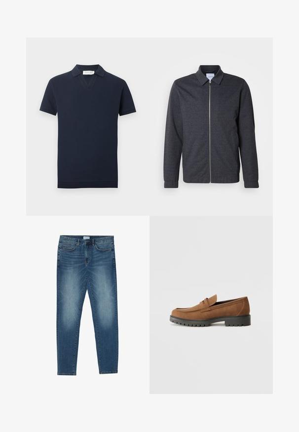 Veste zippée gris foncé avec col, manches longues et texture de tissu lisse. Dispose de poches latérales et d'un design minimaliste.; Polo en maille bleu marine à manches courtes avec texture gaufrée, encolure en V et poignets et ourlet côtelés.; Jean en denim bleu moyen avec un délavage léger, design à cinq poches, coupe droite et accents cousus. Fermeture par bouton et zip.; Mocassins en daim marron avec un bout arrondi et une semelle noire en caoutchouc basse, présentant une sangle décorative et des détails de couture sur le dessus.