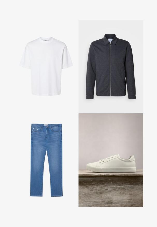 Tumehall lukkudega jope kraega, pikkade varrukatega ja sileda kangapinnaga. Disainis on küljetaskud ja minimalistlik stiil.; Lihtne valge lühikeste varrukatega t-särk ümara kaelusega, mugava istuvusega, esitatud ühevärvilisel taustal.; Heledad sinised teksad sirge jala lõikega, viie tasku disainiga, kerge tuhmumisega ning metalsete detailide aktsentidega vööl ja taskutel.; Valged nööpidega ketsid, mis hõljuvad puidust pingil rohelise lehestiku taustal, näidates uue disaini ja tekstuuri.