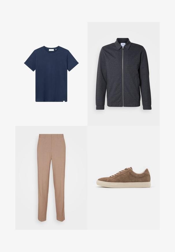 Chaqueta gris oscuro con cremallera, cuello, mangas largas y textura de tela suave. Cuenta con bolsillos laterales y un diseño minimalista.; Camiseta de algodón azul marino con cuello redondo, mangas cortas y un pequeño logotipo bordado en el lado izquierdo del pecho. Textura suave.; Pantalones beige a medida en una tela lisa y con textura. Corte recto con cintura y sin adornos ni bolsillos visibles.; Zapatillas casuales de ante marrón con perfil bajo, suela de goma beige plana y seis agujeros para los cordones. Punta redondeada y diseño minimalista.