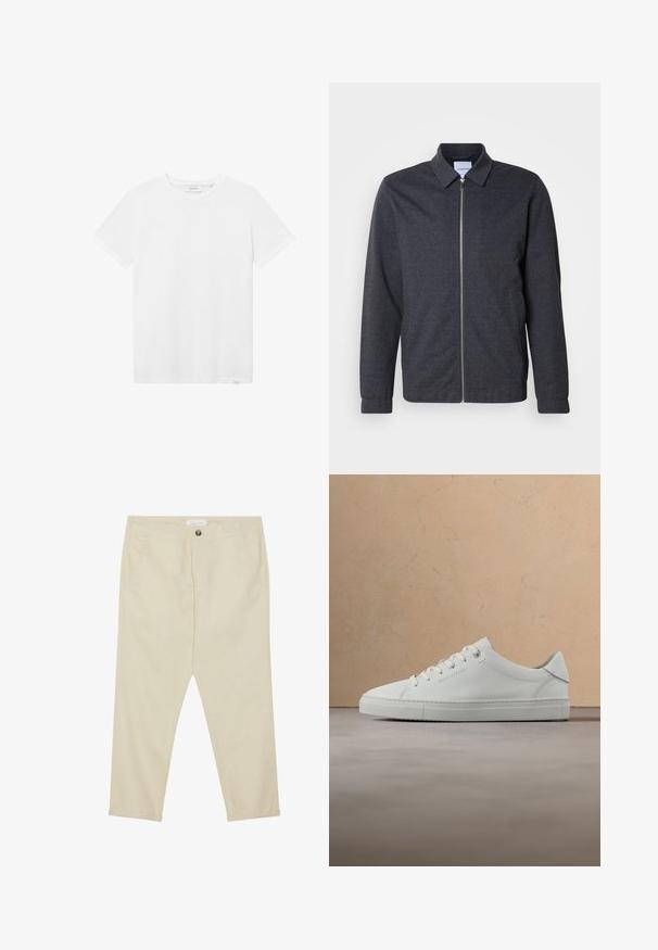 Dunkelgraue Reißverschlussjacke mit Kragen, langen Ärmeln und glatter Stoffstruktur. Verfügt über Seitentaschen und ein minimalistisches Design.; Weißes Baumwoll-T-Shirt mit Rundhalsausschnitt, kurzen Ärmeln und einem dezenten Logo auf der Brust. Glatte Textur und normale Passform.; Beige Baumwollhose mit geradem Schnitt, frontalen Taschen und einem einzelnen Knopfverschluss. Knöchellang mit einer glatten Oberfläche.; Weißer Leder-Sneaker mit niedrigem Schaft und Schnürsenkeln, schwebend über einem strukturierten beigen Teppich, nahe einem runden Couchtisch aus Holz mit Büchern.