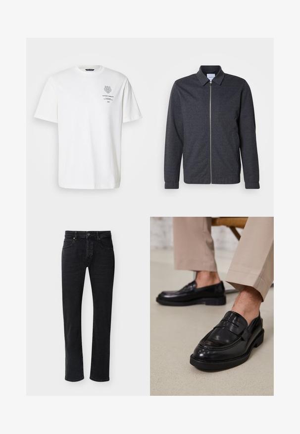 Dunkelgraue Reißverschlussjacke mit Kragen, langen Ärmeln und glatter Stoffstruktur. Verfügt über Seitentaschen und ein minimalistisches Design.; Weißes Baumwoll-T-Shirt mit rundem Halsausschnitt, kurzen Ärmeln und einem grauen Logo- und Textdruck auf der Vorderseite.; Schwarze Jeans mit geradem Bein, vorderen Taschen, Gürtelschlaufen, Knopfverschluss und sichtbaren Nähten vor einem schlichten weißen Hintergrund.; Schwarze Lederloafers mit glatter Oberfläche, ausgestattet mit einem dekorativen Riemen und Kontrastnähten, kombiniert mit beigen Hosen.
