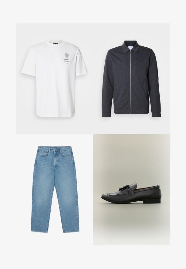 Dunkelgraue Reißverschlussjacke mit Kragen, langen Ärmeln und glatter Stoffstruktur. Verfügt über Seitentaschen und ein minimalistisches Design.; Weißes Baumwoll-T-Shirt mit rundem Halsausschnitt, kurzen Ärmeln und einem grauen Logo- und Textdruck auf der Vorderseite.; Hellblaue Jeans aus Denim mit geradem Bein, Fünf-Taschen-Design und leicht verwaschener Textur. Mit Knopf- und Reißverschluss ausgestattet.; Schwarze Lederloafers mit abgerundetem Zehenbereich, dekorativen Quasten und gestickten Details. Flacher Absatz mit schlankem Profil und glatter Textur.