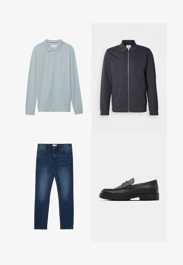 Donkergrijze jas met ritssluiting, een kraag, lange mouwen en een gladde stoftextuur. Voorzien van zijzakken en een minimalistisch ontwerp.; Lange mouw polo shirt in lichtblauw met een vlakke kraag, een drieknoopssluiting en een subtiele textuur. Beschikt over een gestreepte binnenkraag.; Donkerblauwe slim-fit jeans met vervaagde details, klassiek vijf-pocket ontwerp, knoopsluiting en riemlussen.; Zwarte leren instappers met een ronde neus, voorzien van een gestikt ontwerp, een lage platformzool en een gestructureerde, grof rubberen buitenzool.