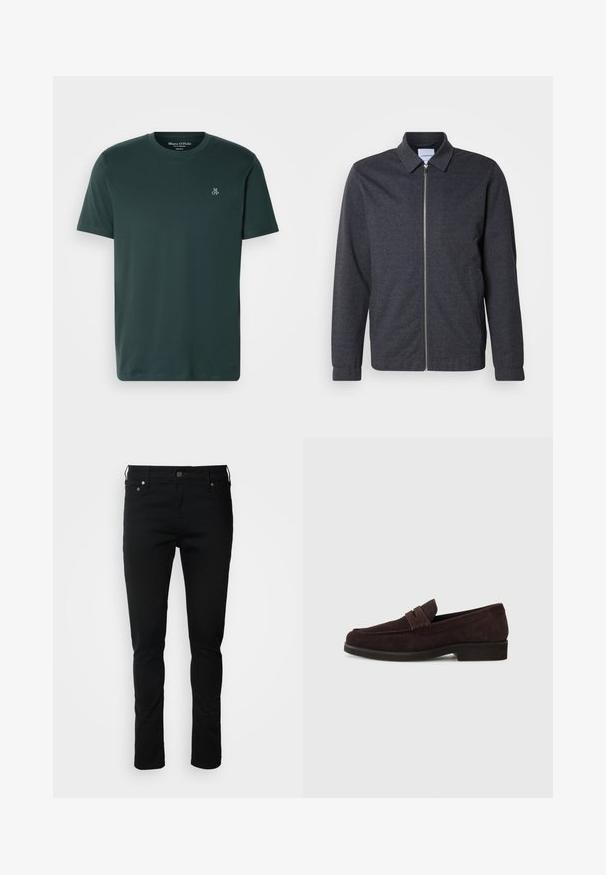 Chaqueta gris oscuro con cremallera, cuello, mangas largas y textura de tela suave. Cuenta con bolsillos laterales y un diseño minimalista.; Camiseta verde oscuro hecha de tela suave, con cuello redondo y mangas cortas. Logo bordado en el lado izquierdo del pecho.; Jeans de mezclilla negra con corte slim, que presentan un cierre de cremallera, pasadores para cinturón y bolsillos frontales. Textura suave, detalles mínimos, diseño clásico.; Mocasines de ante marrón con un perfil bajo y punta redonda. Presentan una correa decorativa en la parte superior, suela plana de goma y sin costuras visibles.