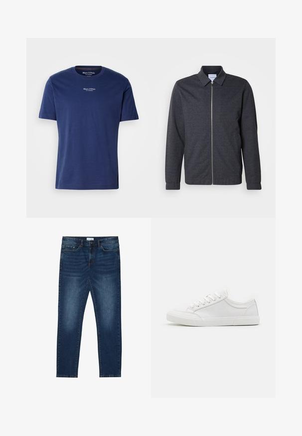Dunkelgraue Reißverschlussjacke mit Kragen, langen Ärmeln und glatter Stoffstruktur. Verfügt über Seitentaschen und ein minimalistisches Design.; Marineblaue Baumwoll-T-Shirt mit kurzen Ärmeln, Rundhalsausschnitt und kleinem weißen Logo auf der Brust. Glatte Textur und lockere Passform.; Dunkelblaue Slim-Fit-Jeans mit ausgewaschenen Details, klassischem Fünf-Taschen-Design, Knopfverschluss und Gürtelschlaufen.; Weiße Sneakers mit einem Obermaterial aus glattem Leder, runder Zehenpartie, flacher Gummisohle und sechs Ösen für die Schnürsenkel. Subtile Nähdetails, minimalistisches Design.