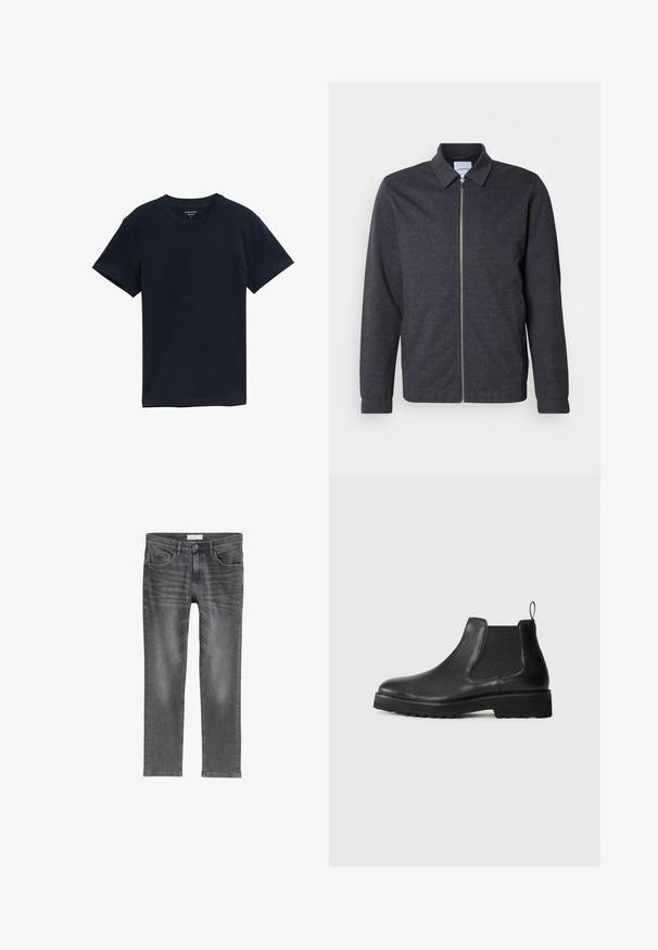 Mørkegrå lynlåstrøje med krave, lange ærmer og en glat stoftekstur. Har sidelommer og et minimalistisk design.; Marineblå bomulds-T-shirt, kortærmet, rund hals, glat tekstur, enkelt design, uden mønstre eller accenter, lige kant.; Grå denimjeans med lige pasform, der har knaplukning, fem lommer og subtile falmede områder. Glat tekstur med detaljer i topstikning.; Sorte læder chelsea-støvler med elastisk sideskæring, afrundet tå, tekstureret sål og lille hængsel ved hælen.
