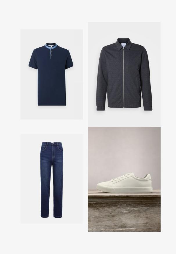 Veste zippée gris foncé avec col, manches longues et texture de tissu lisse. Dispose de poches latérales et d'un design minimaliste.; Polo bleu marine à manches courtes avec un col mandarin bleu clair et trois boutons sur la patte de boutonnage.; Jean en denim bleu foncé, avec un design à jambe droite, cinq poches, une fermeture à bouton et de subtils détails de couture horizontale.; Sneaker en dentelle blanche flottant au-dessus d'un banc en bois avec un feuillage vert en arrière-plan, mettant en valeur le design et la texture de la chaussure.