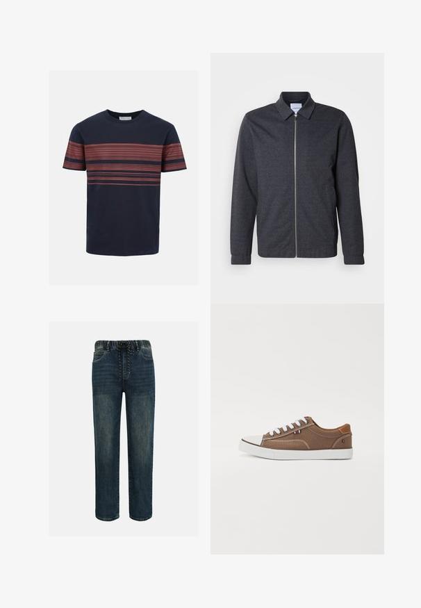 Veste zippée gris foncé avec col, manches longues et texture de tissu lisse. Dispose de poches latérales et d'un design minimaliste.; T-shirt bleu marine à manches courtes avec fines rayures rouges horizontales sur la poitrine et les manches, col rond.; Jean en denim bleu foncé avec ceinture élastique et cordon noir et blanc, coupe droite, avec poches avant.; Baskets en toile brunes avec lacets blancs, embout en caoutchouc et accents contrastants beige sur le talon, présentant un petit emblème tricolore.