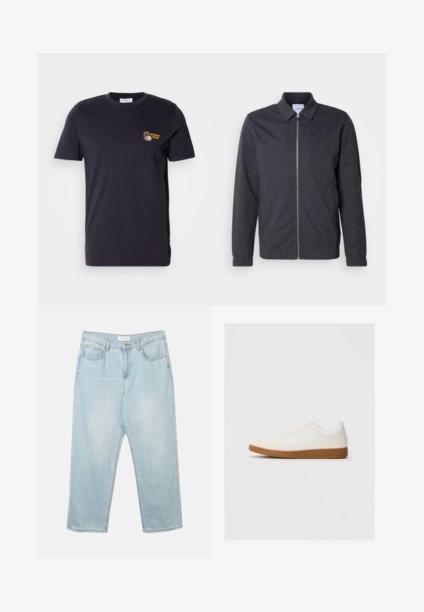 Dunkelgraue Reißverschlussjacke mit Kragen, langen Ärmeln und glatter Stoffstruktur. Verfügt über Seitentaschen und ein minimalistisches Design.; Dunkelblaues Baumwoll-T-Shirt mit kurzen Ärmeln und Rundhalsausschnitt. Verfügt über ein kleines gesticktes Design mit Text im linken Brustbereich.; Helle blaue Jeans aus Denim mit entspannter Passform, fünf Taschen, einem Knopfverschluss und subtilen Ausbleichungen. Die Textur ist glatt und leicht abgenutzt.; Weißer Sneaker mit einer Wildleder-Zehenkappe, glattem Synthetik-Obermaterial und einer sandfarbenen Gummisohle. Verfügt über Perforationen an den Seiten für Atmungsaktivität.
