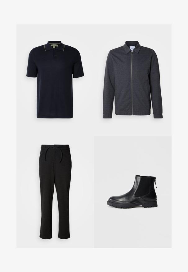 Donkergrijze jas met ritssluiting, een kraag, lange mouwen en een gladde stoftextuur. Voorzien van zijzakken en een minimalistisch ontwerp.; Marineblauwe polo met korte mouwen, voorzien van twee knopen en subtiele beige afwerking op de kraag, weergegeven op een eenvoudige lichte achtergrond.; Zwarte gebreide broek met een trekkoord in de taille, rechte pijpen en zijzakken. Zachte textuur met een gladde afwerking.; Zwarte leren enkelboot met een gladde afwerking, elastische mesh zijkanten en een robuuste zool met een zichtbaar profiel.