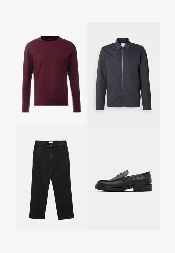 Dark gray zip-up jacket with a collar, long sleeves, and a smooth fabric texture. Features side pockets and a minimalist design.; Long-sleeve t-shirt in deep burgundy cotton, crew neck design, smooth texture, and no visible patterns or accents.; Black denim pants with a straight cut, featuring a button closure, four pockets, and a textured fabric. Simple and versatile design.; Black leather loafers with a rounded toe, featuring a stitched design, low platform sole, and a textured, lugged rubber outsole.