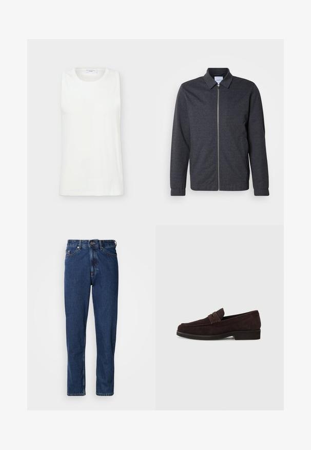 Veste zippée gris foncé avec col, manches longues et texture de tissu lisse. Dispose de poches latérales et d'un design minimaliste.; Haut blanc sans manches à col rond en tissu lisse, présenté à plat sur un fond clair.; Jean bleu foncé en denim, avec une coupe droite, style cinq poches et des coutures apparentes le long des coutures.; Mocassins en daim marron avec une silhouette basse et un embout arrondi. Présentent une sangle décorative sur le dessus, une semelle en caoutchouc plate et sans couture visible.