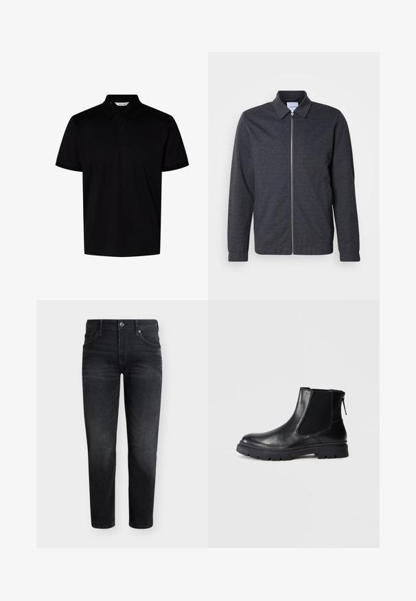 Veste zippée gris foncé avec col, manches longues et texture de tissu lisse. Dispose de poches latérales et d'un design minimaliste.; Polo noir à manches courtes avec col et deux boutons au niveau de l'encolure, présenté sur un fond blanc uni.; Jean noir slim avec cinq poches, fermeture par bouton, et détails légèrement délavés sur les cuisses et les genoux, présenté sur un fond uni.; Bottine en cuir noir avec une finition lisse, des panneaux latéraux en maille élastique et une semelle robuste avec un motif de crampons visible.