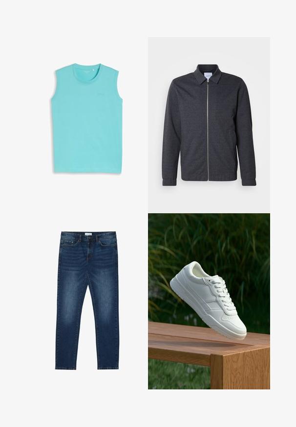 Veste zippée gris foncé avec col, manches longues et texture de tissu lisse. Dispose de poches latérales et d'un design minimaliste.; Débardeur turquoise à col rond avec un logo discret sur la poitrine, présenté sur un fond gris clair.; Jean slim-fit bleu foncé avec des détails délavés, design classique à cinq poches, fermeture à bouton et passants de ceinture.; Baskets en cuir blanc avec une texture lisse, présentant un design perforé, un laçage classique et une semelle en caoutchouc, positionnées au-dessus d'une surface en bois.