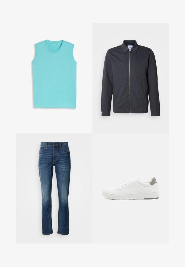 Veste zippée gris foncé avec col, manches longues et texture de tissu lisse. Dispose de poches latérales et d'un design minimaliste.; Débardeur turquoise à col rond avec un logo discret sur la poitrine, présenté sur un fond gris clair.; Jeans en denim bleu avec une coupe droite, dotés d'une fermeture éclair, d'un design à cinq poches et d'un léger délavage pour un effet usé.; Basket blanche en cuir lisse, à bout arrondi, design minimaliste, accent de talon gris et semelle en caoutchouc texturé.