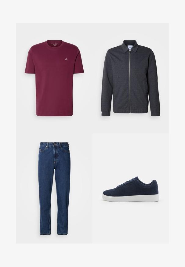 Chaqueta gris oscuro con cremallera, cuello, mangas largas y textura de tela suave. Cuenta con bolsillos laterales y un diseño minimalista.; Camiseta de algodón burdeos con cuello redondo, mangas cortas y un pequeño logo blanco "M OP" en el pecho. Textura suave y corte regular.; Jeans de mezclilla de color azul oscuro, con diseño de pierna recta, estilo de cinco bolsillos y costuras visibles a lo largo de las costuras.; Zapatillas de ante azul marino con puntera redonda, suela de goma blanca y seis ojales para cordones. Textura suave y diseño minimalista. Vista lateral mostrada.