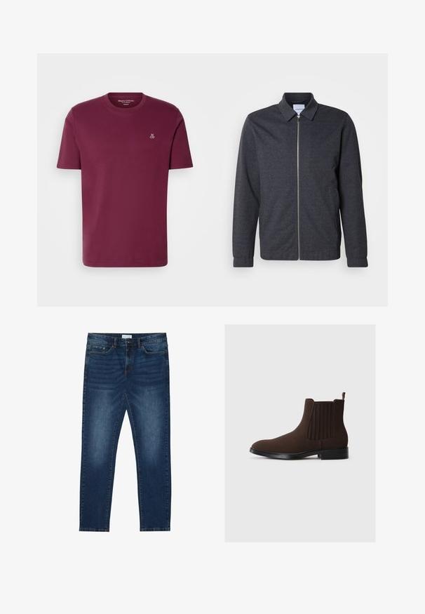Mørkegrå lynlåstrøje med krave, lange ærmer og en glat stoftekstur. Har sidelommer og et minimalistisk design.; Bordeaux bomulds t-shirt med rund hals, korte ærmer og et lille hvidt "M OP" logo på brystet. Glat tekstur og almindelig pasform.; Mørkeblå slim-fit jeans med falmede detaljer, klassisk fem-lomme design, knappelukning og bæltestropper.; Brune ruskind Chelsea-støvle med elastiske sidepaneler, lav hæl og trækloop bagpå. Glat tekstur og strømlinet design.