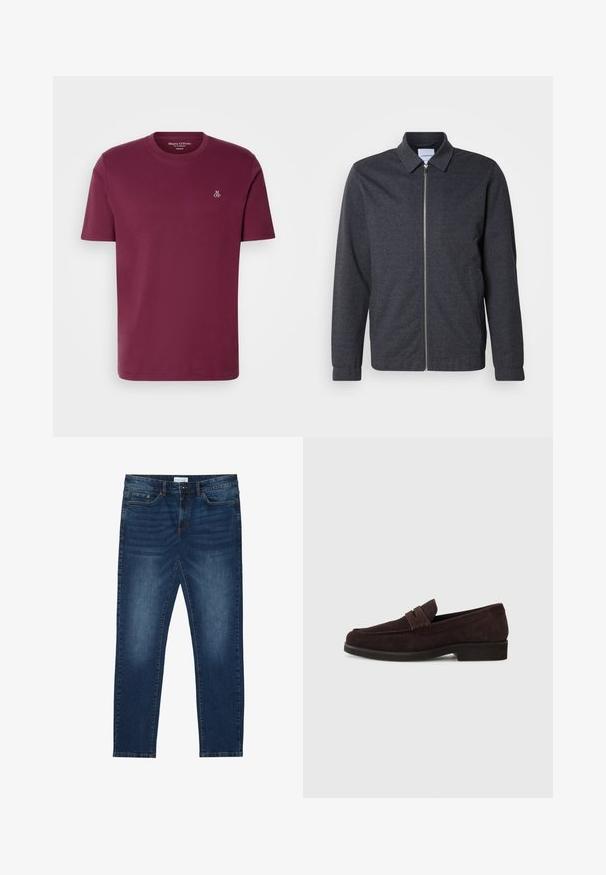 Donkergrijze jas met ritssluiting, een kraag, lange mouwen en een gladde stoftextuur. Voorzien van zijzakken en een minimalistisch ontwerp.; Bordeaux katoenen t-shirt met een ronde hals, korte mouwen en een klein wit "M OP" logo op de borst. Gladde textuur en reguliere pasvorm.; Donkerblauwe slim-fit jeans met vervaagde details, klassiek vijf-pocket ontwerp, knoopsluiting en riemlussen.; Bruine suède loafers met een lage profiel en ronde neus. Heeft een decoratieve band over de bovenkant, een platte rubberen zool en geen zichtbare stiksels.