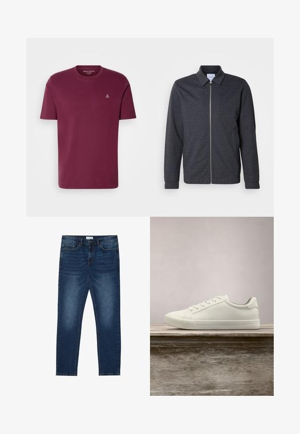 Donkergrijze jas met ritssluiting, een kraag, lange mouwen en een gladde stoftextuur. Voorzien van zijzakken en een minimalistisch ontwerp.; Bordeaux katoenen t-shirt met een ronde hals, korte mouwen en een klein wit "M OP" logo op de borst. Gladde textuur en reguliere pasvorm.; Donkerblauwe slim-fit jeans met vervaagde details, klassiek vijf-pocket ontwerp, knoopsluiting en riemlussen.; Witte vetersneaker die boven een houten bank zweeft met groene bladeren op de achtergrond, waarbij het ontwerp en de textuur van de schoen worden getoond.