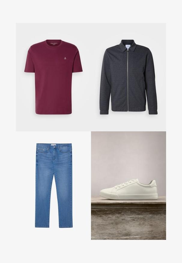 Dunkelgraue Reißverschlussjacke mit Kragen, langen Ärmeln und glatter Stoffstruktur. Verfügt über Seitentaschen und ein minimalistisches Design.; Bordeauxrotes Baumwoll-T-Shirt mit Rundhalsausschnitt, kurzen Ärmeln und kleinem weißen "M OP"-Logo auf der Brust. Glatte Textur und reguläre Passform.; Hellblaue Denim-Jeans mit geradem Bein, Fünf-Taschen-Design, subtilen Verwaschungen und metallischen Akzenten an der Taille und den Taschen.; Weiße Schnürsneaker, die über einer Holzbank mit grünem Laub im Hintergrund schweben und das Schuhdesign sowie die Textur zeigen.