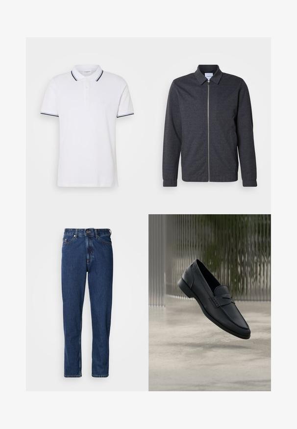 Chaqueta gris oscuro con cremallera, cuello, mangas largas y textura de tela suave. Cuenta con bolsillos laterales y un diseño minimalista.; Camiseta polo blanca de algodón con cuello, tapeta de tres botones y acentos a rayas en azul marino y blanco en las mangas.; Jeans de mezclilla de color azul oscuro, con diseño de pierna recta, estilo de cinco bolsillos y costuras visibles a lo largo de las costuras.; Zapato tipo mocasín de cuero negro con acabado liso, punta puntiaguda y detalles cosidos en la pala. Tacón bajo y diseño minimalista.