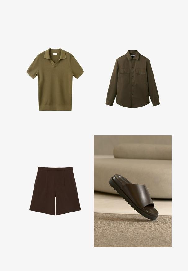 Chemise à manches longues vert olive foncé avec fermeture boutonnée à l’avant et deux poches poitrine à rabats boutonnés, présentée sur fond blanc.; Polo tricoté à manches courtes de couleur vert olive avec tissu texturé, col ouvert et ourlet et poignets côtelés, étalé à plat sur un fond blanc.; Shorts marron foncé coupés au genou, cintrés avec passants de ceinture et plis sur le devant, présentés à plat sur fond blanc.; Sandale slide en cuir marron foncé avec une semelle épaisse sur un tapis beige devant un canapé beige courbé.