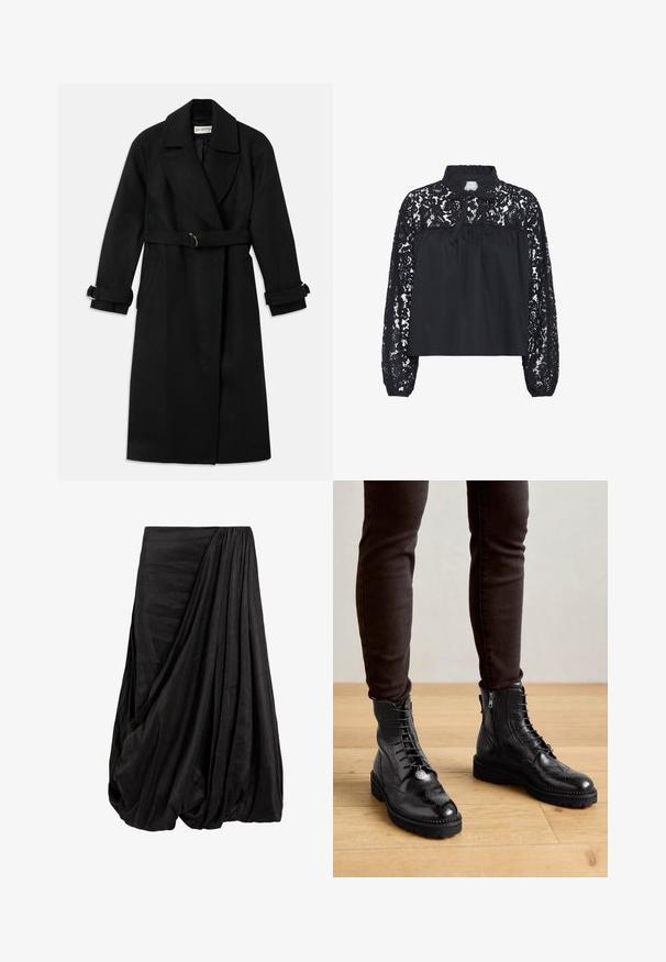 Sort trenchcoat lavet af en uldblanding, med en bred krave, bælte med guldfarvet hardware og opalede ærmer. To sidelommer er inkluderet.; Sort bluse med blonder i ærmerne og høj halsudskæring, med en samlede bodice og en bindebånd ved halsen. Struktureret blondermønster.; Sort draperet nederdel lavet af et glat stof, der har indviklede folder og en flydende silhuet med en samlet taljedetalje.; Sorte læder ankelstøvler med brogue-detaljer, snørebånd foran, sideskafter og teksturerede gummisåler. Matchet med mørke slim-fit bukser.