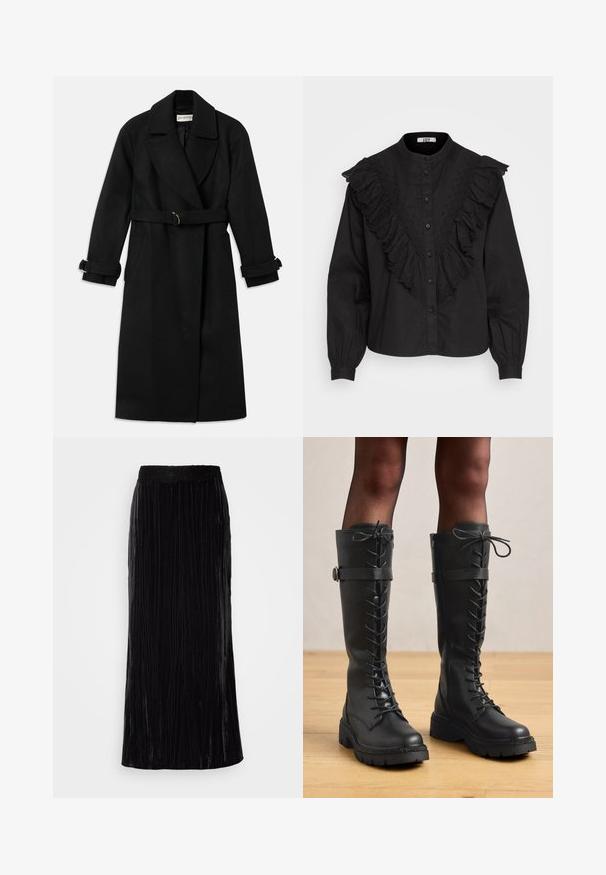 Manteau noir en mélange de laine avec un large col, une ceinture avec des accessoires en or, et des poignets roulés. Deux poches latérales sont incluses.; JDY JDYSAGA SHIRT - Chemisier - black; Jupe maxi en velours noir avec des plis verticaux et une ceinture en dentelle sculptée. Le tissu a une apparence douce et texturée.; Bottes montantes en cuir noir, à lacets, avec un design jusqu'au genou, bout rond, semelle épaisse et texturée, et détail décoratif de courroie latérale et quincaillerie.