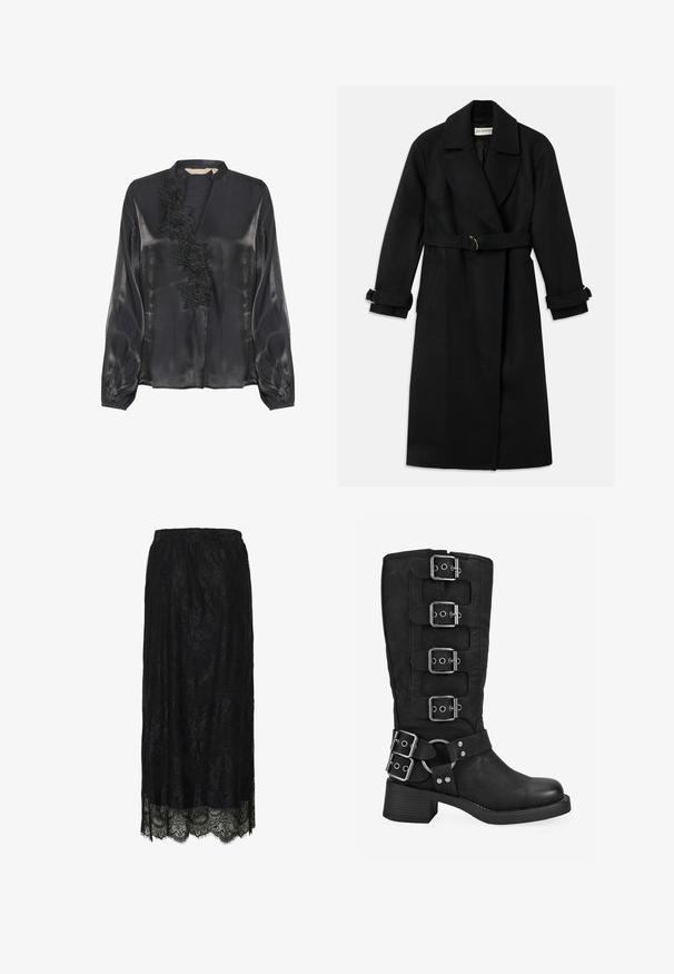 Abrigo negro de mezcla de lana, con un amplio cuello, cinturón con herrajes dorados y puños enrollados. Incluye dos bolsillos laterales.; Culture CUFIOLA - Blusa - black; Falda midi de encaje negro con dobladillo en forma de ondas y patrón floral, con cintura elástica.; Bota negra hasta la mitad de la pantorrilla con cuatro hebillas plateadas en la caña, dos hebillas cerca del tobillo y un tacón bajo y cuadrado.