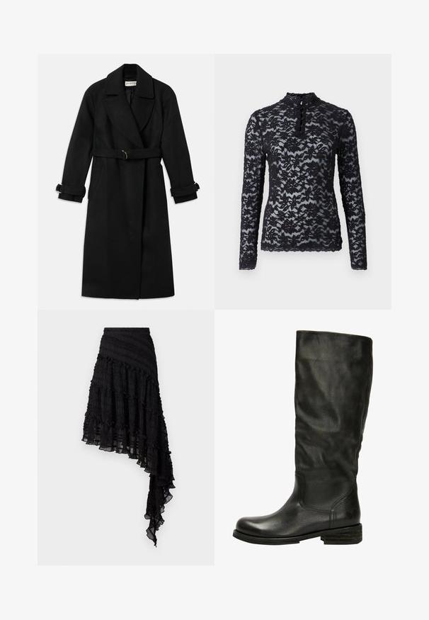 Sort trenchcoat lavet af en uldblanding, med en bred krave, bælte med guldfarvet hardware og opalede ærmer. To sidelommer er inkluderet.; Rosemunde Langærmet T-shirt - black; Sort asymmetrisk nederdel med teksturerede plisseringer, lagdelte flæser og en smocket talje. Letvægtsstof med en gennemsigtig finish.; Felmini Høje støvler/ Støvler - black