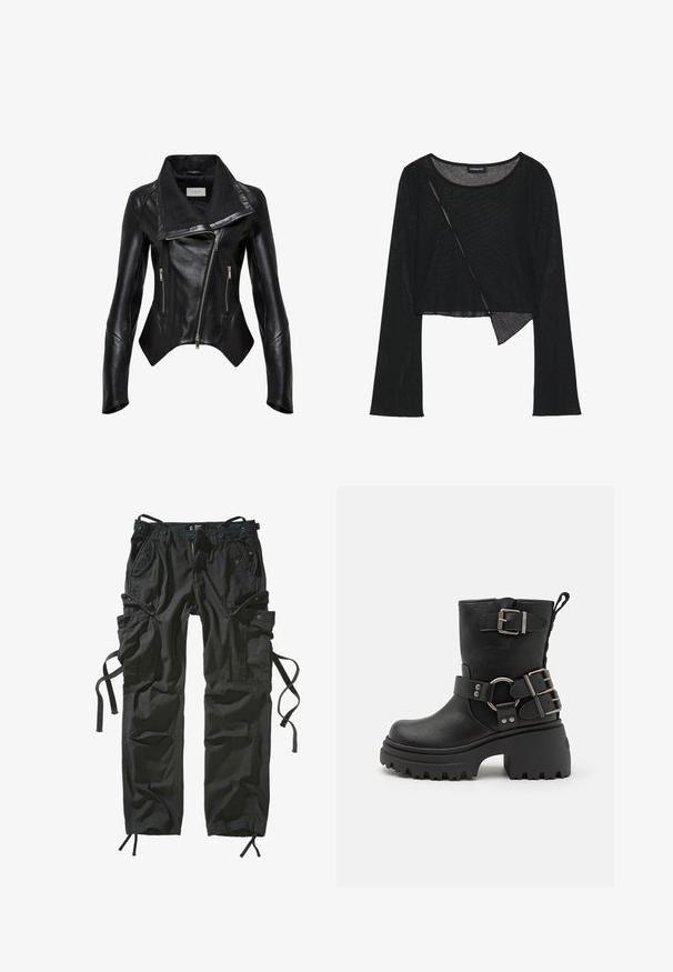 Veste de moto en cuir noir avec un large col, une fermeture éclair asymétrique et deux poches zippées. Texture lisse avec un design ajusté.; Crop top noir à manches longues en tissu léger et transparent. Il présente un col rond et un ourlet asymétrique avec une légère texture.; Pantalons cargo noirs en tissu léger, avec plusieurs poches, des côtés à cordon de serrage, et une coupe décontractée avec des coutures renforcées.; Bottine en cuir noir avec une semelle épaisse, accents de boucle et de sangle, et une finition texturée. Équipée d'une languette pour un enfilage facile.